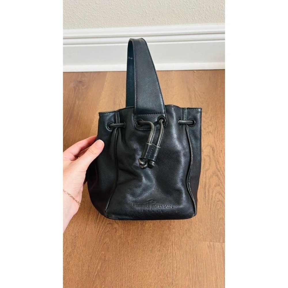 Vintage Pierre Balmain Black Leather Bucket Bag 90s Drawstring Shoulder Bag